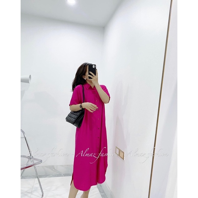V761 VÁY SUÔNG CỔ SƠ MI DÁNG DÀI HỒNG SEN