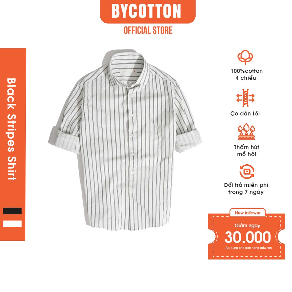 Áo Sơ Mi Nam Dài Tay Trắng Phối 3 Sọc Đen BY COTTON Black Stripe Shirts