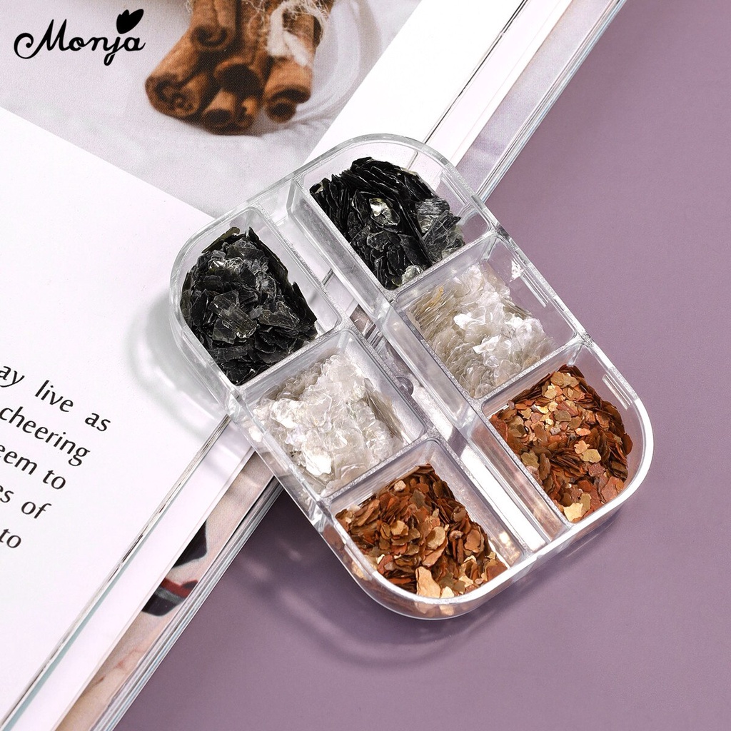 MONJA Hộp 6 ngăn đựng hạt phụ kiện 3D lấp lánh trang trí móng tay