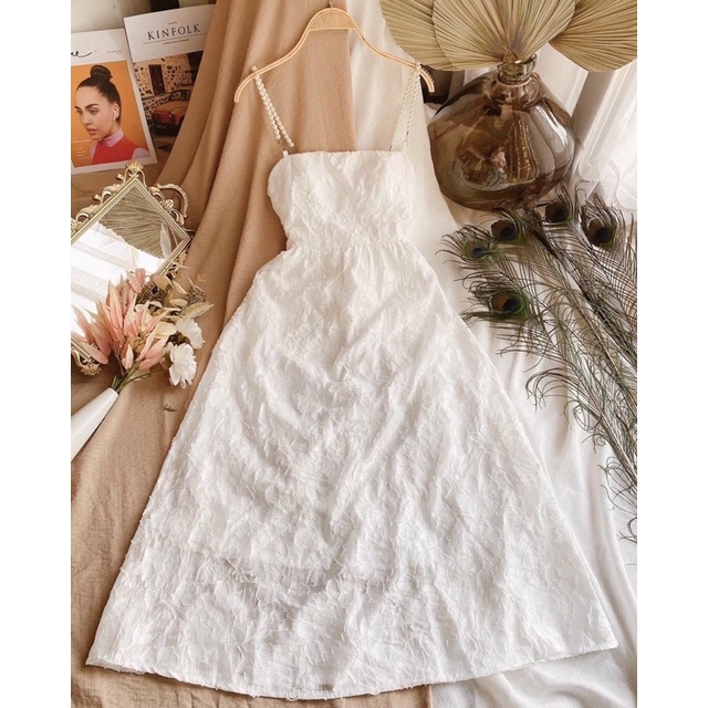 Đầm midi 2s cườm trắng hoa nổi nơ lưng🌺