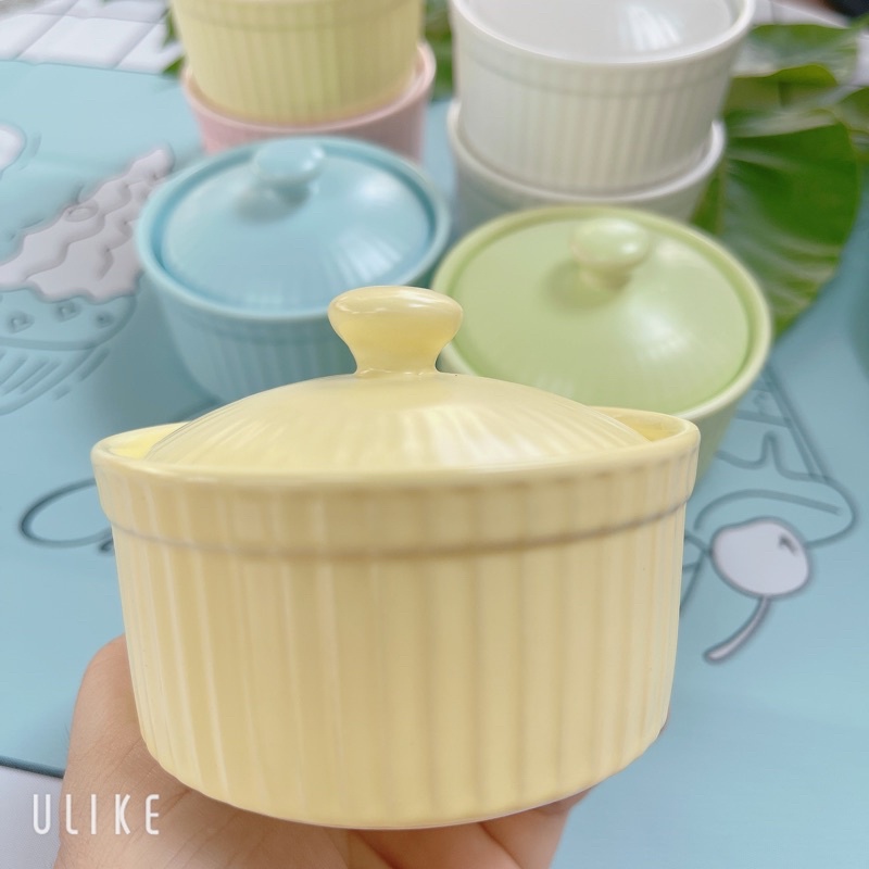 Bát chén hũ gốm sứ ramenkin có nắp đậy Nướng Hấp Bánh Flan Caramen Chưng Yến Cho bé ăn dặm hình nồi tròn rankim đựng sốt