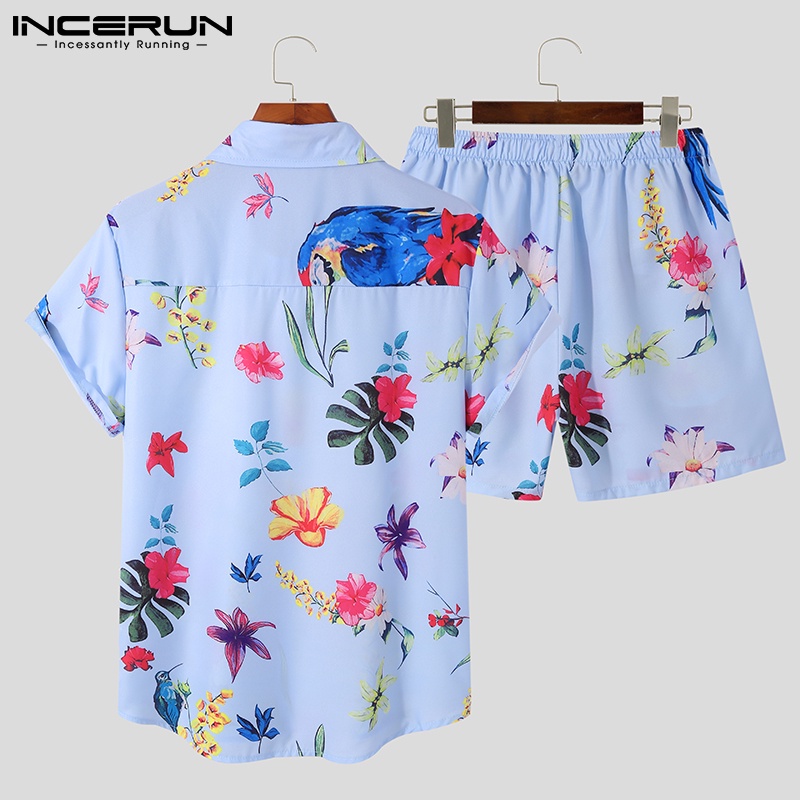 Set đồ 2 món INCERUN gồm áo sơ mi ngắn tay in họa tiết độc đáo + quần short thời trang cho nam