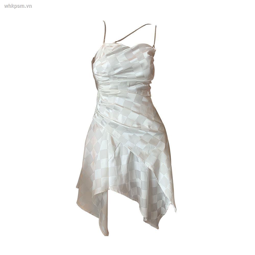 Đầm Hai Dây Màu Trắng Họa Tiết Sọc Caro Thiết Kế Độc Đáo Thời Trang Xuân Hè Xinh Xắn Cho Nữ