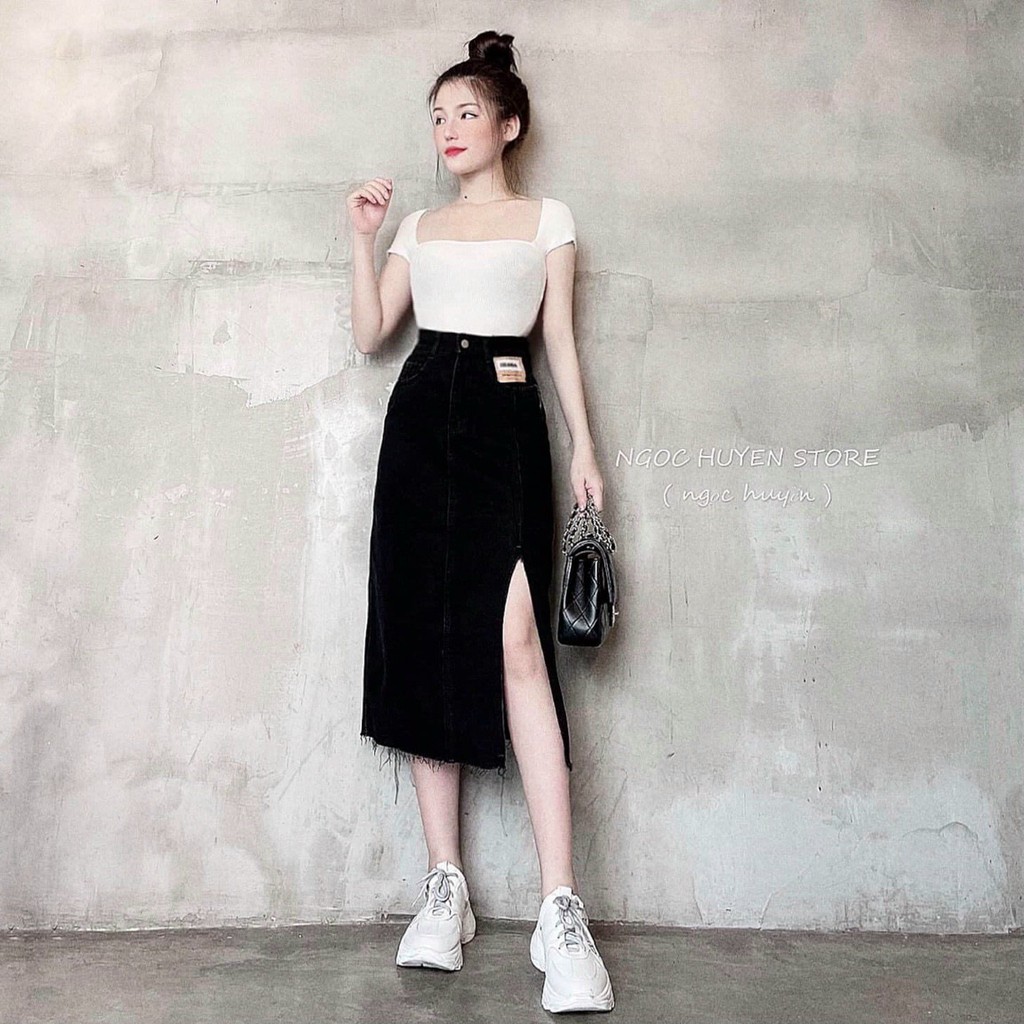 Chân váy jean nữ dáng dài xẻ tà tem da cao cấp.Hàng VNXK