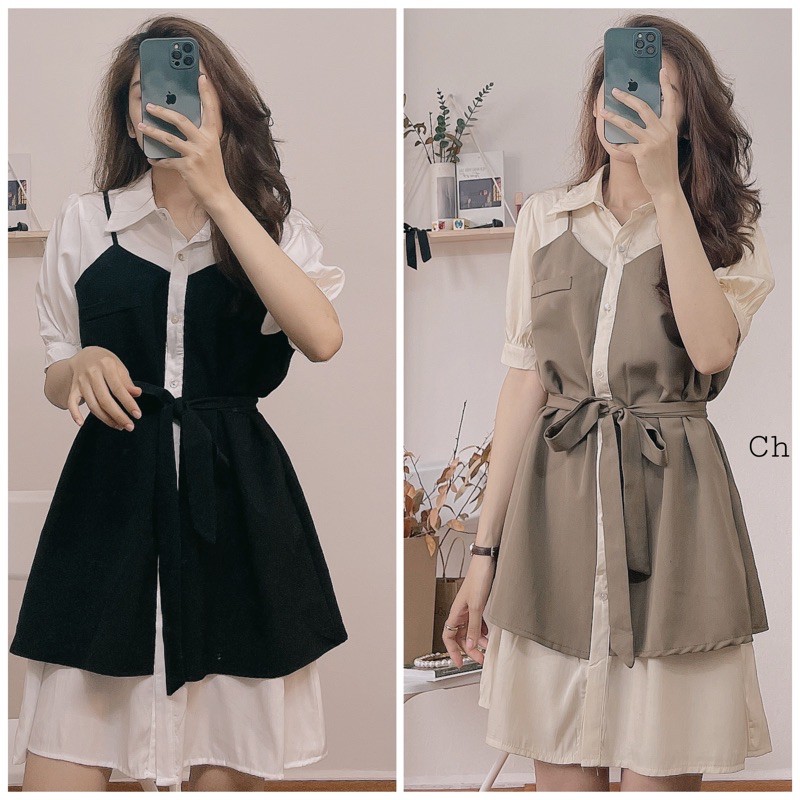 váy gile liền với áo sơmi trắng dài hàng quảng châu cao cấp