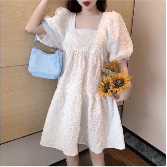 Váy babydoll Cổ Vuông Tay Bồng Chất Đũi Xốp tay bồng siêu xinh form rộng