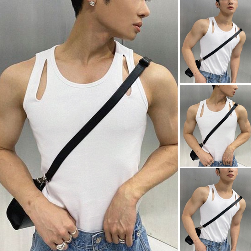 XMAN Áo tank top thể thao ôm dáng màu trơn khoét rỗng mùa hè cho nam