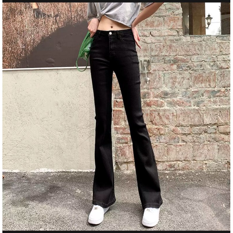 Quần jean đen Loe trơn gấp máy sành điệu | BigBuy360 - bigbuy360.vn