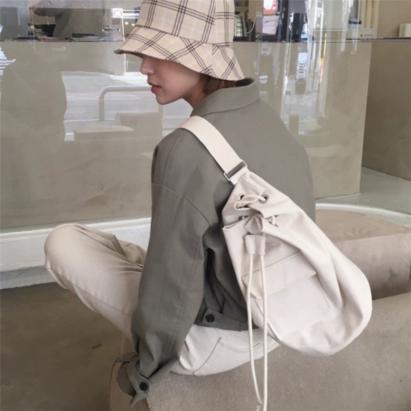 [Video/hình của shop] Túi vải/Balo nhỏ rút một quai dây đeo chéo Hàn Quốc đáy tròn cho Nam Nữ