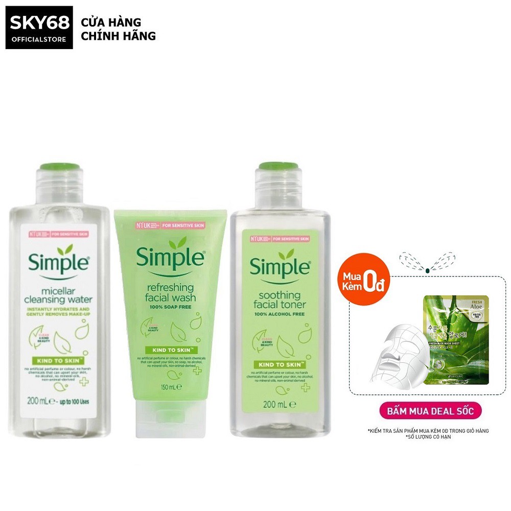 Bộ 3 Sản Phẩm Giúp Da Sạch Sâu Và Cấp Ẩm Cho Da SIMPLE Kind To Skin (Tẩy trang 200ml + SRM 150ml + Toner 200ml)