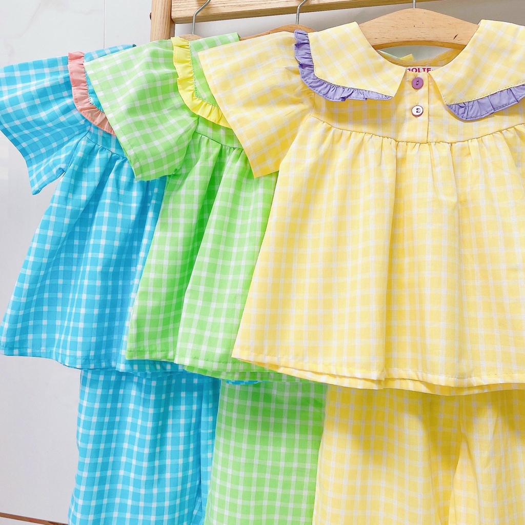 Đồ bộ bé gái vải thô caro mềm mát tay ngắn quần dài size từ 13kg đến 36kg - Mebena shop