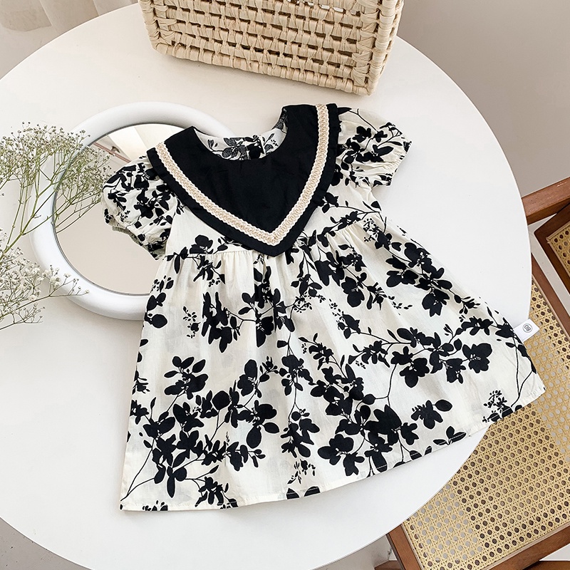 Đầm Công Chúa Tay Ngắn Màu Đen Phối Hoa Thời Trang Mùa Hè Cho Bé Gái