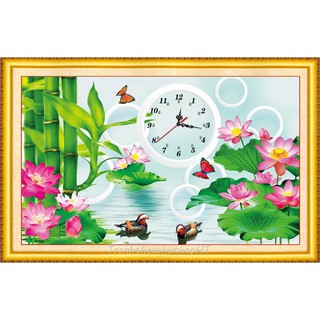 Tranh đính đá, Tranh thêu chữ thập uyên ương hí thủy, đồng hồ hoa sen VS070, 88851, DF2680 - tự đính, tự thêu