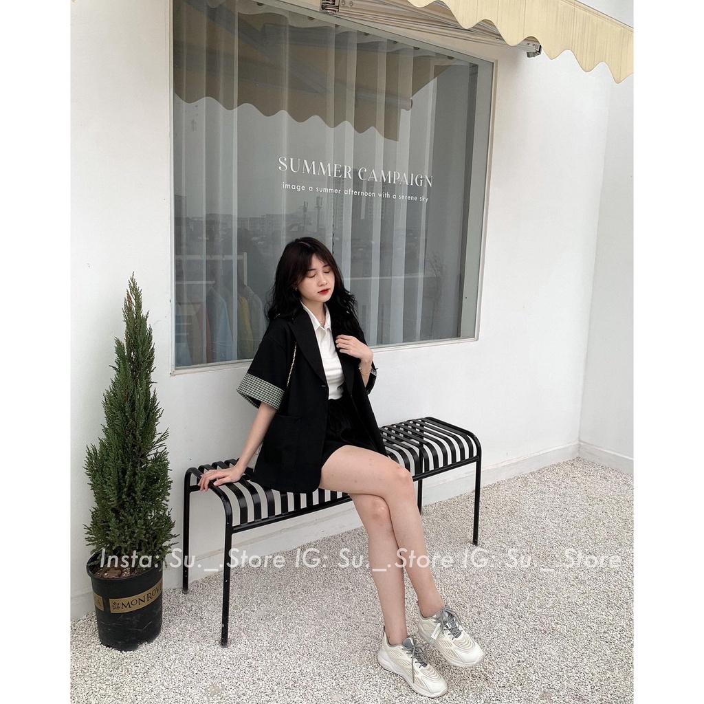 Set áo blazer tay pha kẻ kèm quần S323 SUSTORE