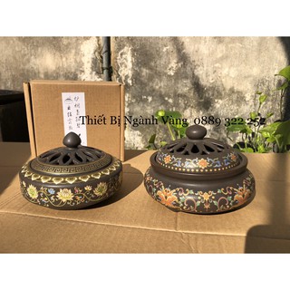 Lư Đốt Trầm Hương Gốm Sứ Hoa Văn Cao Cấp - Đỉnh Đốt Nhang - Lư Hương Xông Trầm - Tặng 2 Nụ Trầm