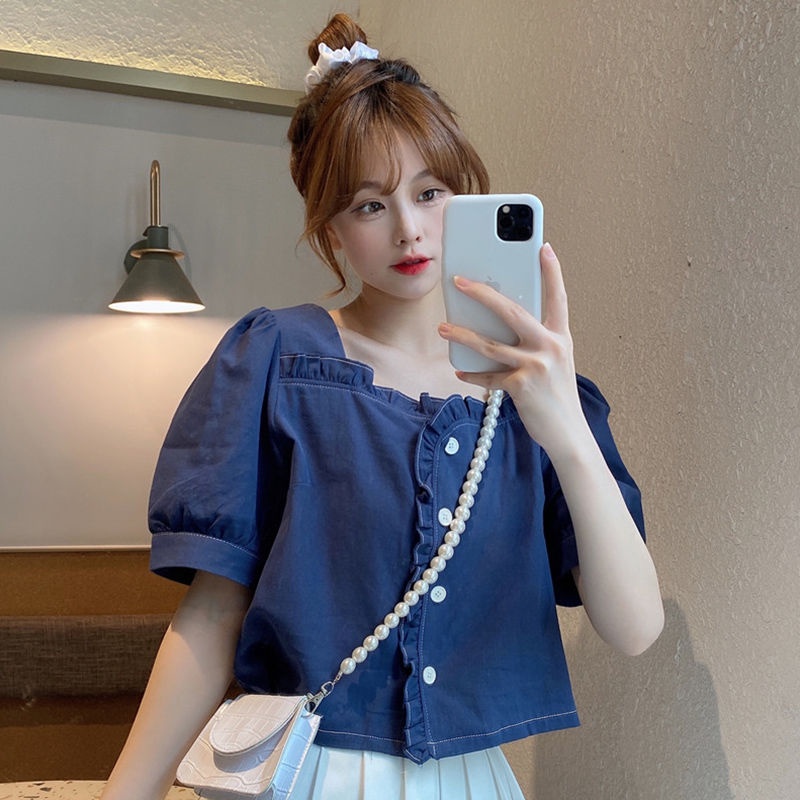 Áo Sơ Mi Tay Phồng Cổ Vuông Màu Trơn Phối Ren Phong Cách Hàn Quốc Thời Trang Cho Nữ