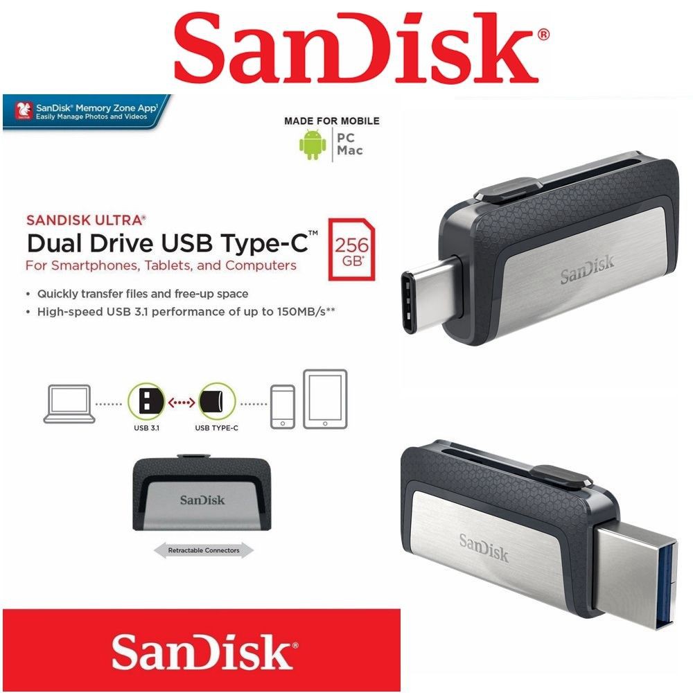 USB OTG Sandisk Ultra Dual Type-C 3.1 256GB 150MB/s (Bạc)