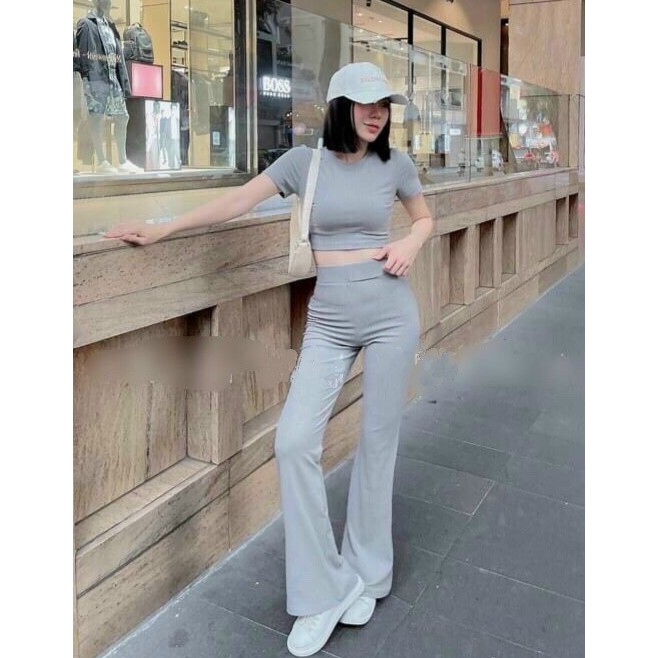 Set Bộ Áo Croptop Ôm Dáng Và Quần Ống Loe Thời Trang Nữ Rose Fashion