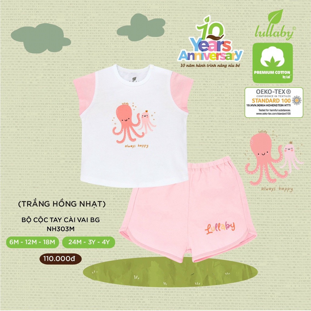 Bộ cộc tay Lullaby vải Cotton 100% cao cấp thoáng mát thấm hút mồ hôi tốt cho bé gái NH303M