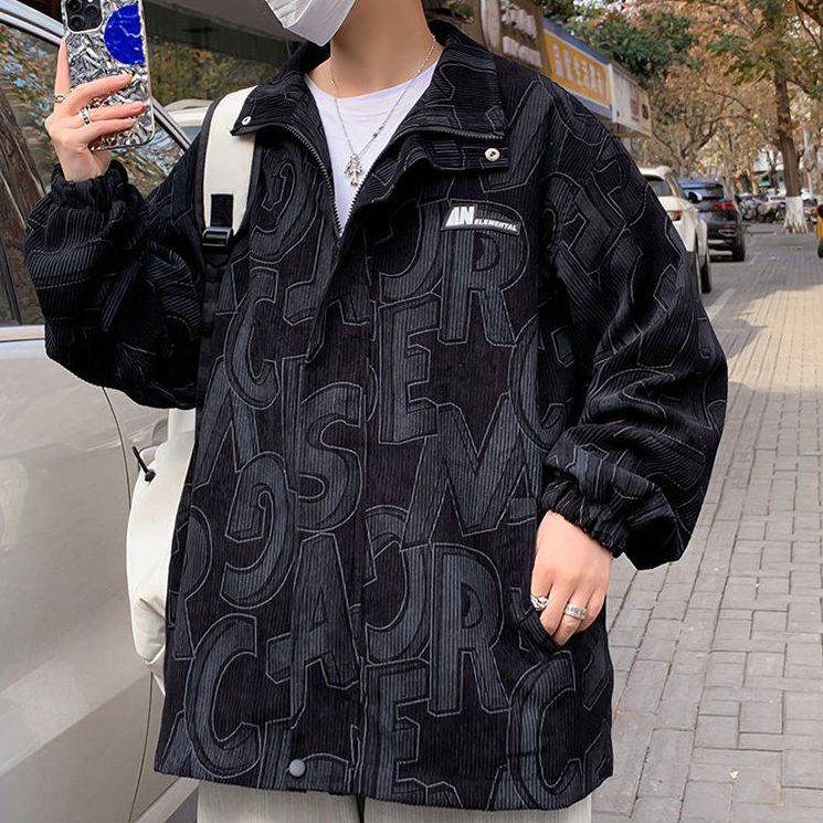 Áo Khoác Nhung Kẻ Dáng Rộng Phối Khóa Kéo In Chữ Thời Trang Mùa Thu Cho Nam Giới