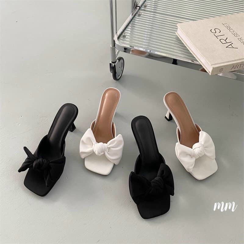 Guốc nữ đính nơ bánh bèo da mền gót nhọn 7cm cao cấp ( hàng sẵn giá tại xưởng)