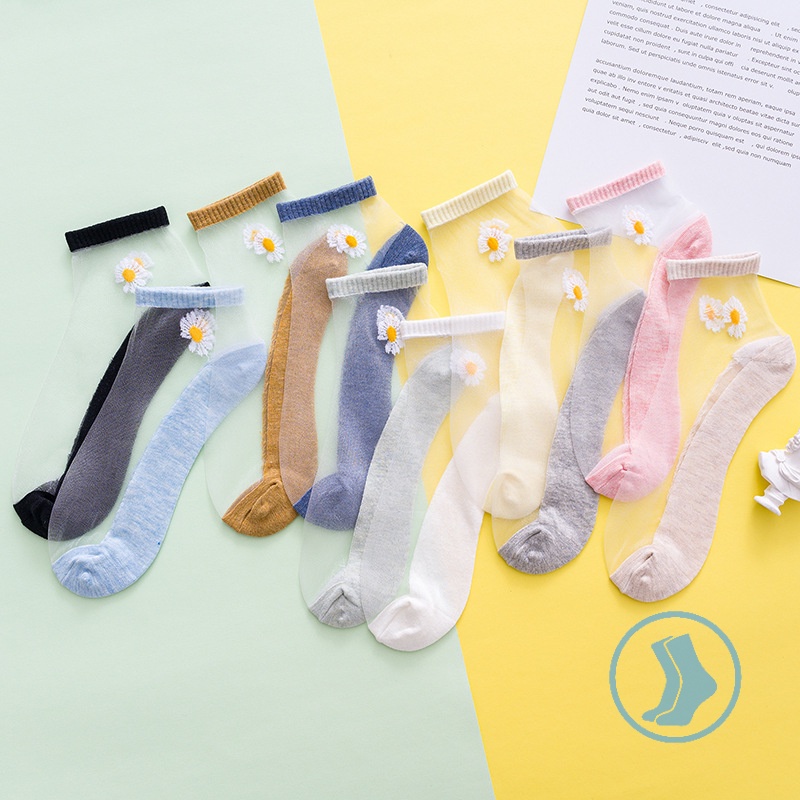 Đôi tất cotton FHYL phối lưới thoáng khí họa tiết hoa cúc phong cách Hàn Quốc thời trang mùa hè cho nữ