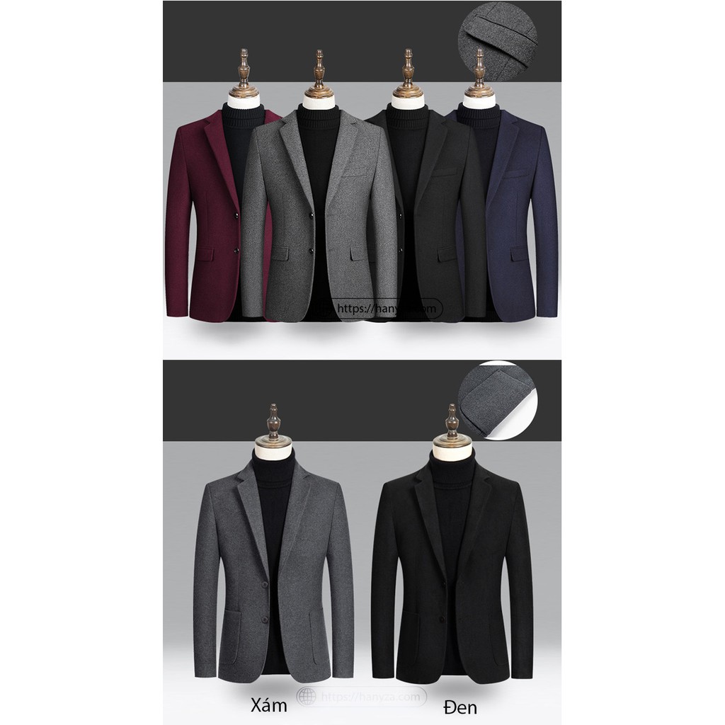 Áo blazer dạ lông cừu nam 2 khuy phong cách Âu Mỹ