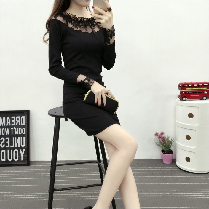 ORDER - Đầm body nữ dài tay cổ phối ren quyến rũ Ulzzang (Có ảnh thật)