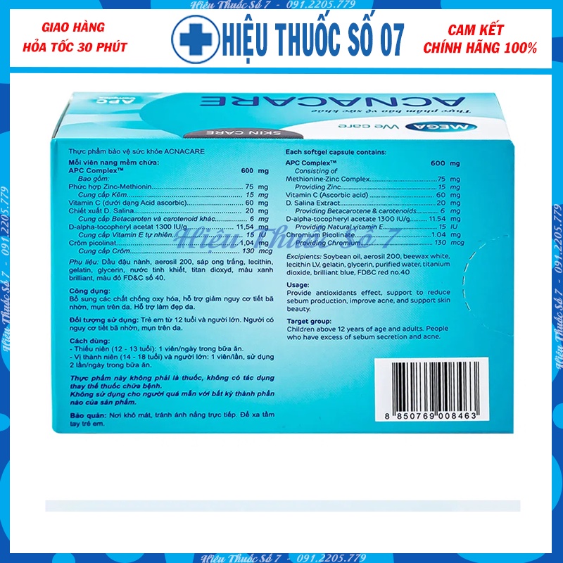 Viên uống hỗ trợ giảm tiết bã nhờn và ngăn ngừa mụn ACNACARE hộp 30 viên nang mềm