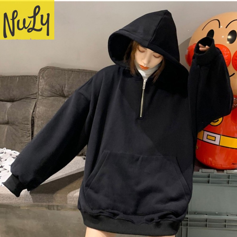 Áo Hoodie Nỉ Bông, Form Rộng Ulzzang Phối Khóa Kéo Cổ Độc Đáo NULY, HDKC