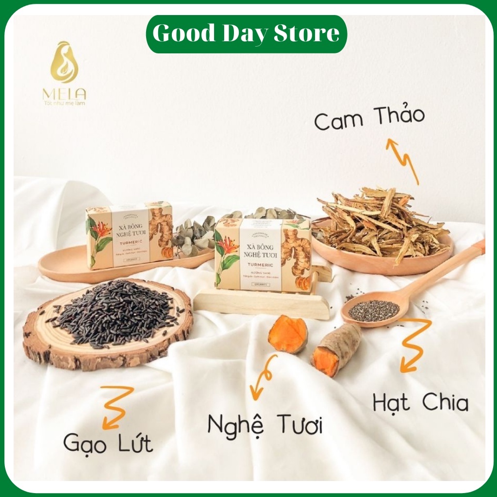 Xà phòng nghệ MELA Thiên Nhiên Chăm Sóc Mặt Và Body Giúp Da Sáng Khoẻ Mờ Thâm, Xà bông nghệ mela Organic Giảm Mụn 100g