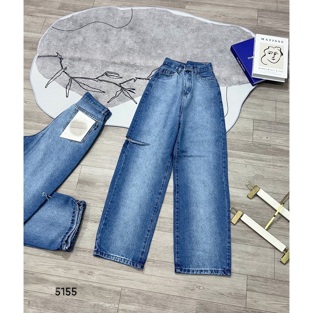 QUẦN JEANS ỐNG RỘNG NỮ LƯNG CAO LOANG SỌC TRẮNG RÁCH BE PHẢI CAO LAI CUỐN SIÊU MỀM MỊN CỰC HOT HIT HADI