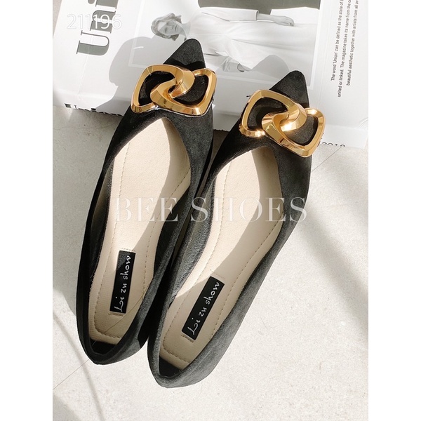 BEESHOES - GIÀY BÚP BÊ NỮ NHỌN - GIÀY BÚP BÊ NỮ DA LỘN ĐẾ BỆT SẴN MÀU ĐEN 211196