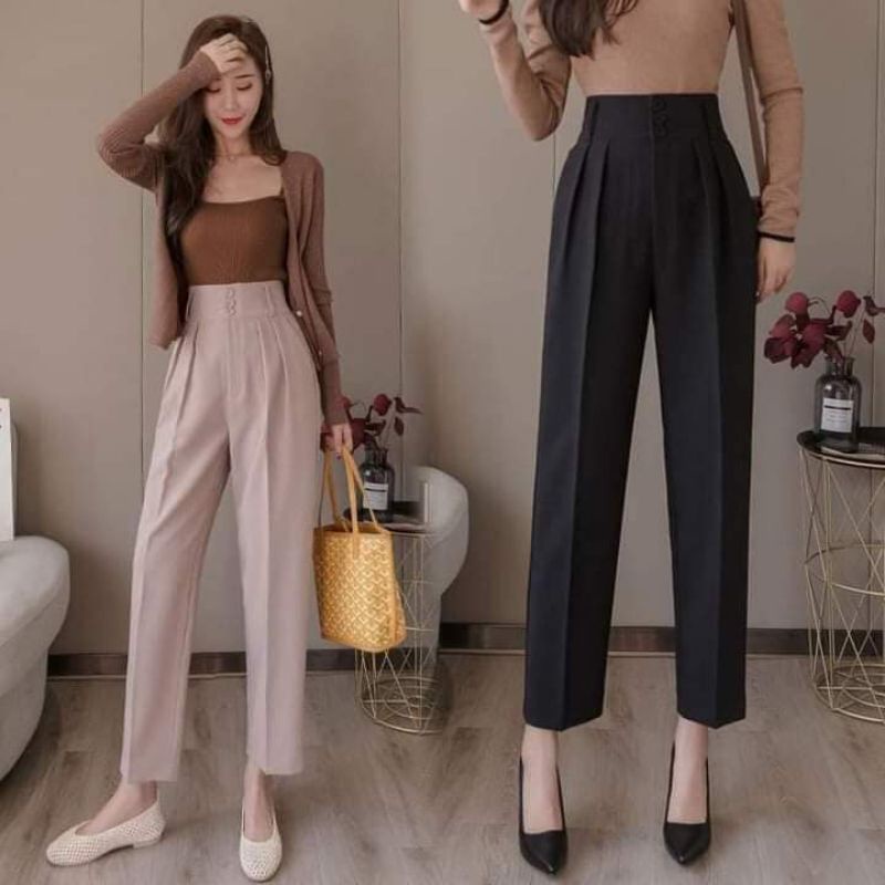 Quần tây nữ ba cúc công sở dáng baggy cạp khóa lưng cao