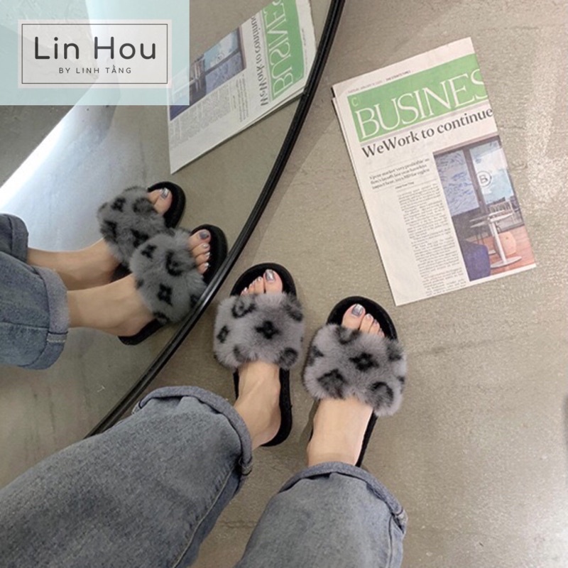 [Sale sốc] Dép lông quai ngang LV cao cấp, dép lông nữ quai ngang lông xù, Lin Hou LV fluffy sandals fluffy slippers