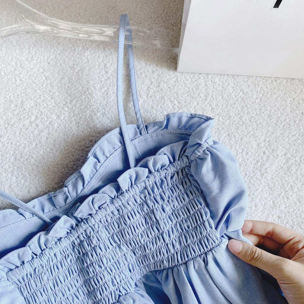 SET ÁO PEPLUM XANH BÈO 2 DÂY + CHÂN VÁY MIDI XÒE