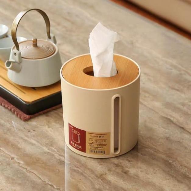 [Kho sỉ]  Hộp đựng giấy tròn mặt tre trúc tự nhiên cao cấp 8362