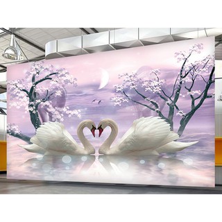 Tranh dán tường HD Đôi thiên nga hạnh phúc HUD0466 Kim sa