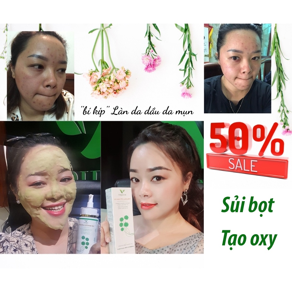 Sữa rửa mặt tạo bọt rau má, làm dịu giảm mụn mờ thâm nám, dưỡng trắng da - V9 White Luxury 120ml