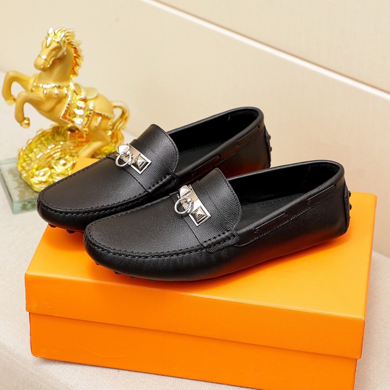 Giày tây lười cho nam Hermes HM cao cấp bản da thật đế mềm khoá màu bạc và đen