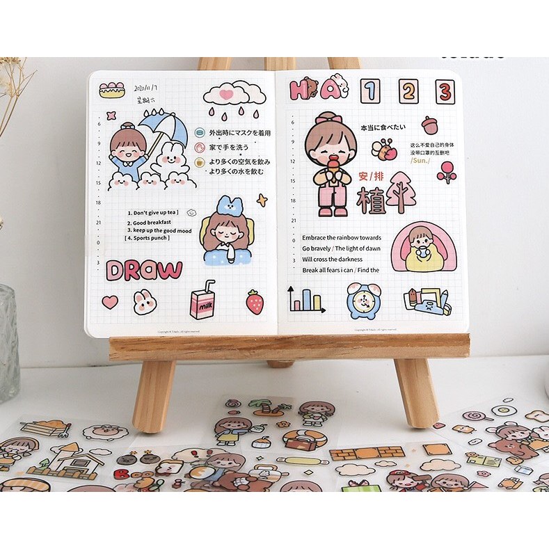 10  MIẾNG STICKER TELADO CÔ GÁI VÀ BÉ THỎ - Happy day