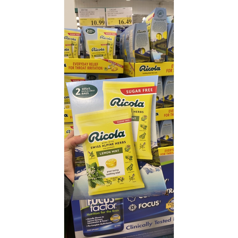 KẸO NGẬM RICOLA SUGAR FREE LEMON MINT 105 VIÊN Kẹo ricola của Mỹ