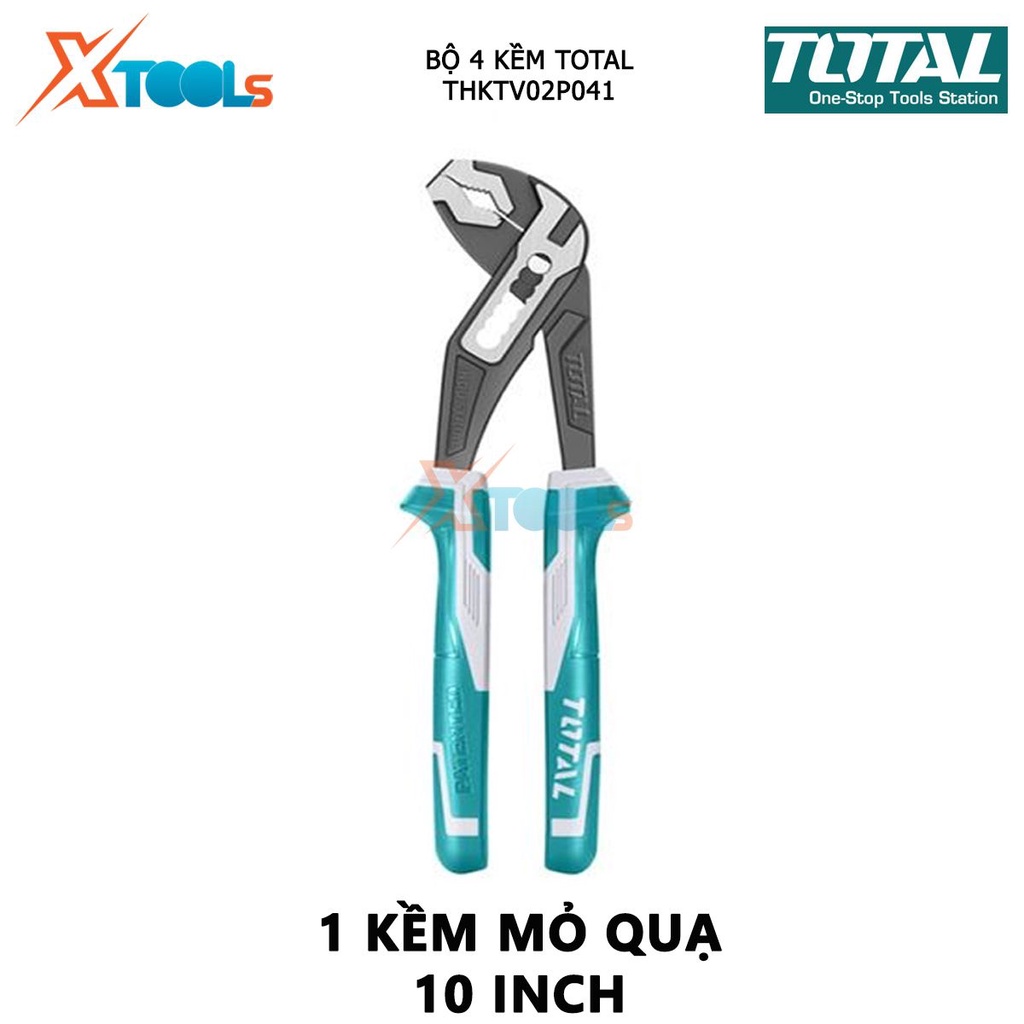 Bộ kềm 4 món TOTAL THKTV02P041 bộ 4 kìm bao gồm 1 kềm răng 8 inch, 1 kềm cắt 7 inch,1 kềm cắt mỏ dài 6 inch, 1 kềm mỏ qu