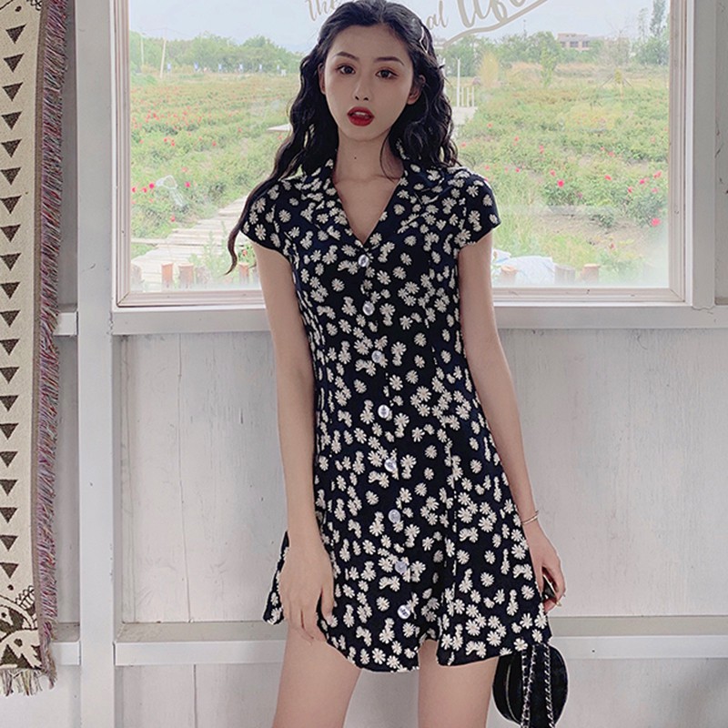 Đầm hoa dáng chữ A cổ V chiết eo kiểu Hàn Quốc xinh xắn cho nữ | BigBuy360 - bigbuy360.vn