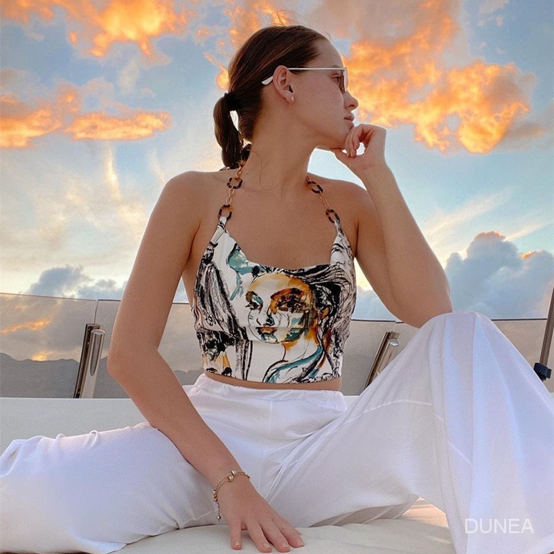 DUNEA Áo Nữ Không Tay Hở Lưng Thắt Nơ Quyến Rũ