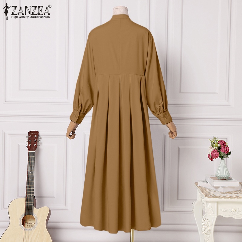 Đầm maxi ZANZEA tay dài cổ tròn màu trơn phong cách Hàn Quốc trẻ trung cho nữ