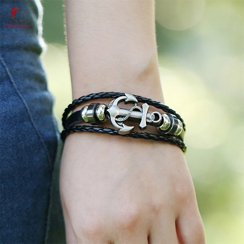 Men Fashion Cool PU Metal Anchor Bracelet Wristband Gifts Jewelry