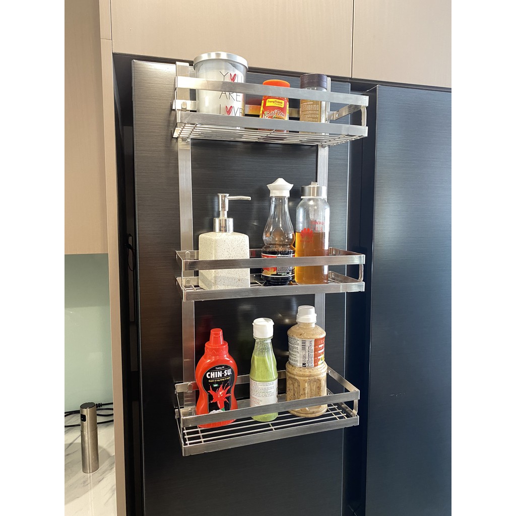 Kệ Để Gia Vị 3 Tầng Foodcom, Kệ Gia Vị Inox Treo Tủ Lạnh Dùng Để Chứa Bộ Hũ Đựng Gia Vị