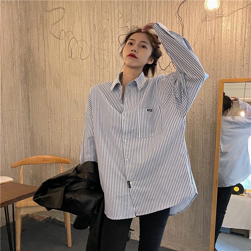 Áo sơ mi SUXI tay dài dáng rộng họa tiết kẻ sọc dễ phối đồ phong cách Hàn Quốc thời trang dành cho nữ