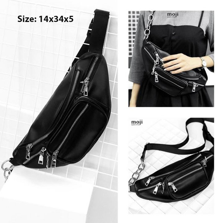 Túi bao tử đeo chéo da trơn unisex nam nữ đeo bụng đeo trước ngực phối xích cá tính | BigBuy360 - bigbuy360.vn